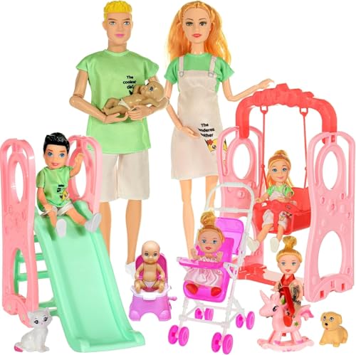 dollbie Familienpuppen Spielset mit Rutschenschaukel und Kinderwagen - 7 Personen, Haustiere & Zubehör für 3-12 Jahre alt Kleinkind Geschenk (Geschenkbox-Paket) von dollbie