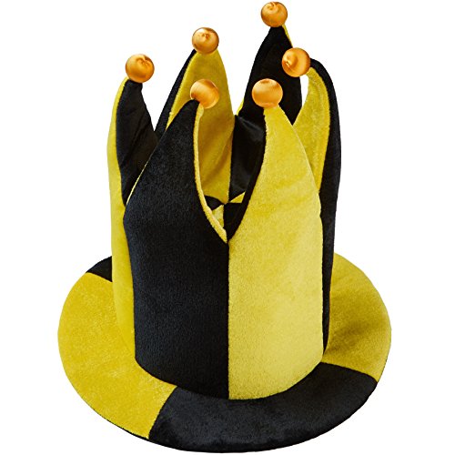 dressforfun 302060 - Schwarz-gelber Hofnarren Hut, sechs Zacken am oberen Ende mit Kugeln in Glöckchenform, perfekt für Narren- oder Fußballkostüme von dressforfun