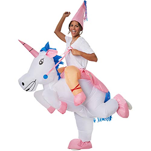 dressforfun 302350 - Aufblasbares Unisex Kostüm Einhorn, Buntes Einhornkostüm mit rosa Spitzenhut von dressforfun