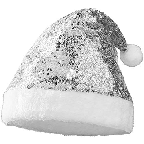 dressforfun 303434 Glitzer Pailletten Weihnachtsmütze, silber, breiter Rand aus weißem Plüsch von dressforfun