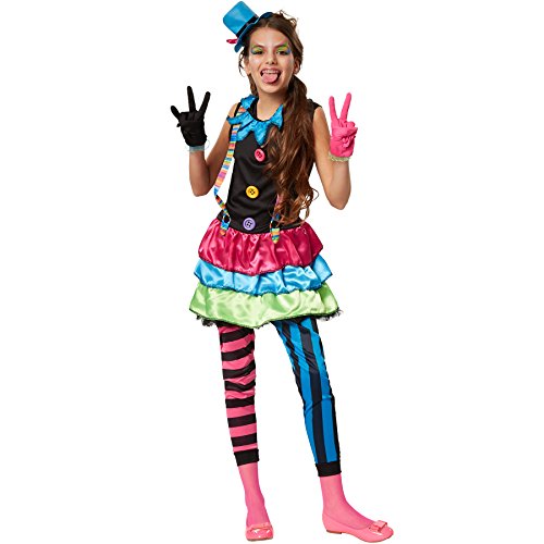 dressforfun 900336 - Mädchenkostüm Crazy New Wave Clown, schrill-buntes Einteiler-Kleid aus Elastik-Jersey, inkl. Hütchen und Handschuhe (104 | Nr. 301660) von dressforfun