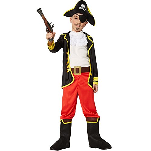 dressforfun 900356 - Jungenkostüm Piratenprinz, langärmelige Jacke, Rüschenhemd, Hose mit Stiefelstulpen und Gürtel, inkl. Hut und Augenklappe (128 | Nr. 301760) von dressforfun