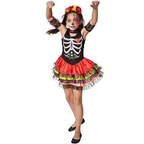 dressforfun 900413 - Mädchenkostüm gruselige Mexikanerin, Ärmelloses Kurzkleid mit dreilagigem Rock (140 | Nr. 301992) von dressforfun