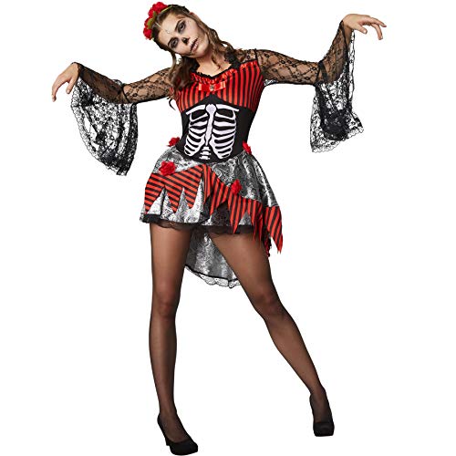 dressforfun 900415 - Damenkostüm gruselige Tänzerin, Kurzkleid mit Knochenaufdruck und Totenkopf (L | Nr. 302002) von dressforfun
