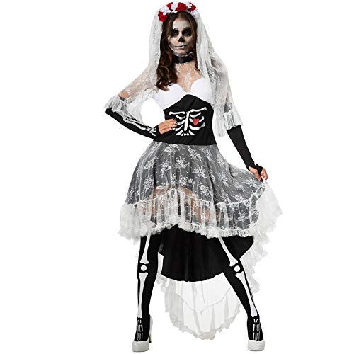 dressforfun 900416 - Damenkostüm gruselige Skelett-Braut, Vokuhila-Kleid mit Skelett- und Herzaufdruck (L | Nr. 302007) von dressforfun