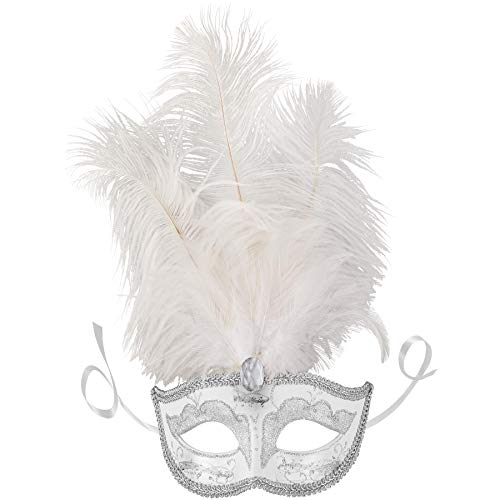 dressforfun 900887 Venezianische Maske mit Federn, Halbmaske für Damen, Augenmaske mit Zierborte für Maskenball Party Kostüm Fasching Karneval Halloween - diverse Farben - (silber | Nr. 303545) von dressforfun