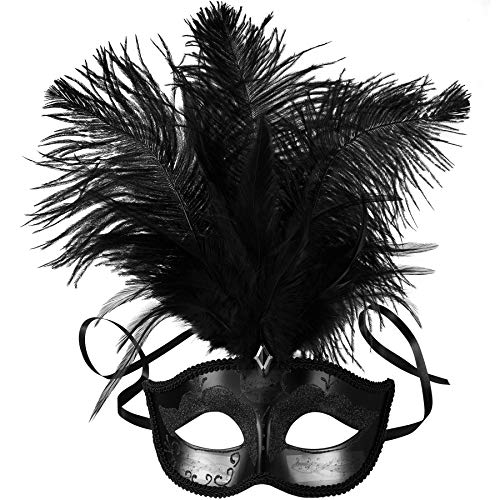 dressforfun 900887 Venezianische Maske mit Federn, Halbmaske für Damen, Augenmaske mit Zierborte für Maskenball Party Kostüm Fasching Karneval Halloween - diverse Farben - (schwarz | Nr. 303546) von dressforfun