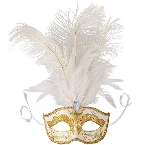 dressforfun 900887 Venezianische Maske mit Federn, Halbmaske für Damen, Augenmaske mit Zierborte für Maskenball Party Kostüm Fasching Karneval Halloween - diverse Farben - (gold | Nr. 303544) von dressforfun