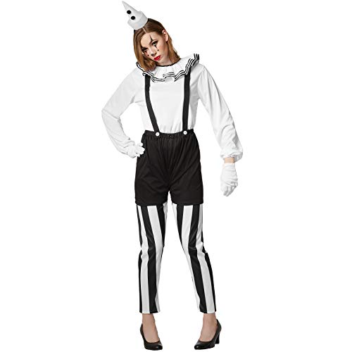 dressforfun 901034 Frauenkostüm Clown, Damen Pantomime Kostüm, sechsteilige Harlekin Verkleidung, Pierrot Kostüm für Karneval Fasching Halloween, schwarz weiß - diverse Größen - (L | Nr. 304597) von dressforfun