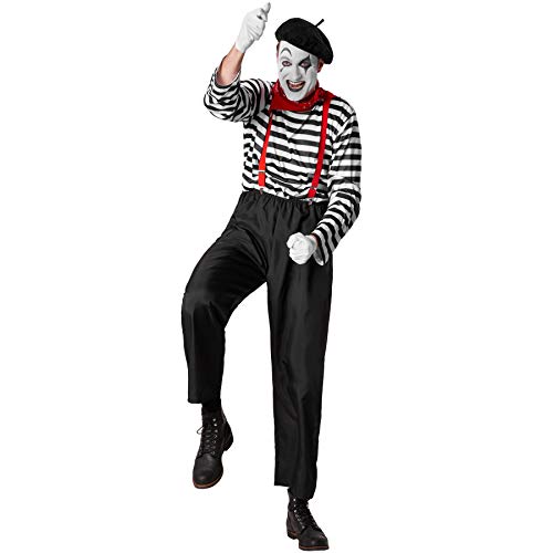 dressforfun 901036 Klassischer Pantomime Kostüm, sechsteiliges Kostüm für Herren, mit Hut und Tuch, Pantomime-Künstler für Karneval Fasching Halloween, schwarz weiß - diverse Größen - (M | Nr. 304606) von dressforfun