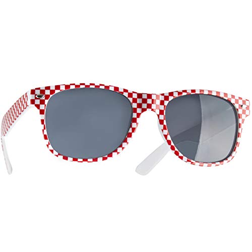 dressforfun Retro Brille, Party Sonnenbrille, Kariertes Gestell, für 90er Jahre Party, Oktoberfest, Ballermann Mottopartys, Fotobox Accessoires, Festival Gadget, JGA Zubehör - rot/weiß, 1 Stück von dressforfun