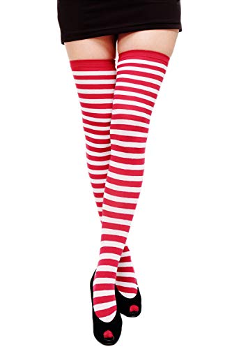 DRESS ME UP - Karneval Fasching Cosplay Strümpfe Overknee Kniestrümpfe Ringelstrümpfe Girly Dunkelrot Rot Weiß W-001-dred von dressmeup