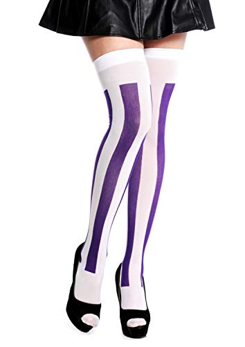 dressmeup K0818-purple&White Strümpfe Damenstrümpfe Overknees Halloween Karneval vertikal gestreift Lila Weiß von dressmeup