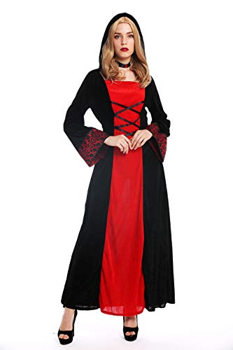 dressmeup W-0032 Kostüm Damen Frauen Karneval Halloween Kleid lang Kapuze Mittelalter Elfe Prinzessin schwarz rot M von dressmeup