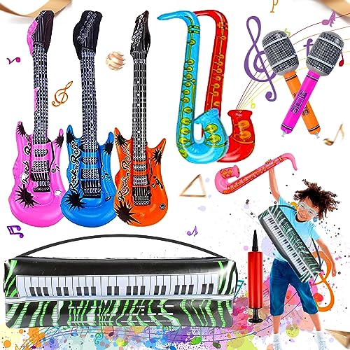 9 Stück Aufblasbare Requisiten für Rockmusik, Aufblasbares Saxophon Gitarre Mikrofon Zubehör, Geeignet für Geburtstags-Rockpartys, Konzertbühnen-Requisiten von dcas