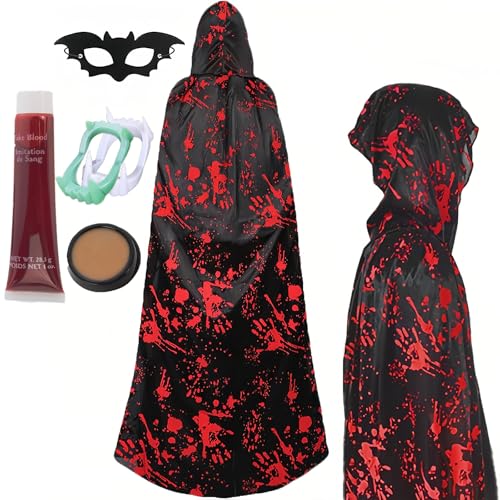 duoleey Halloween Kostüm Kinder Vampir Kostüm Umhang mit Kapuze mit Roter Handabdruck Fledermausmaske Kostüm Junge Mädchen (S/M) von duoleey