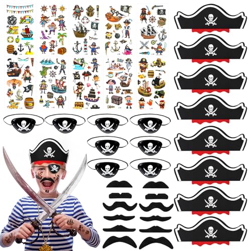 dusaniyali 38 Stück Piraten Kindergeburtstag Set, Piraten Zubehör Set 8 Stück Piratenhut Kinder 8 Pcs Piraten Augenklappe 12 Stück Pirat Gefälschte Schnurrbart 10 Pcs Piraten Tattoos Schädel Piraten von dusaniyali