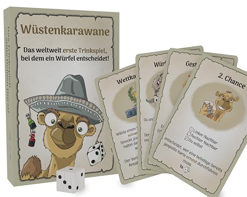 e-Row Trinkspiel Wüstenkarawane - Ultimatives Party Kartenspiel mit Holzwürfel, lustige Single & Gruppen Aufgaben - das original Saufspiel - 55 Karten - Top Neuheit 2025 von e-Row