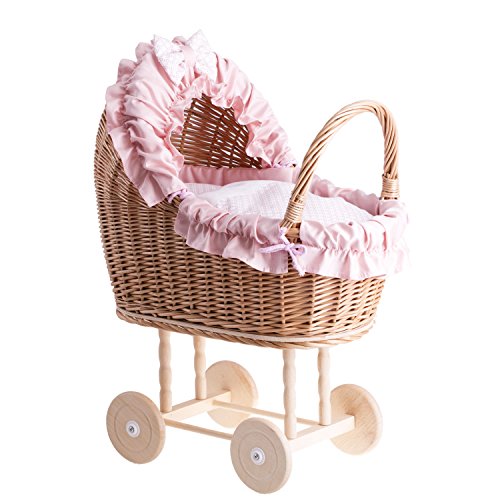 e-wicker24 Alles aus Weide Puppenwagen aus Weide mit Bettwäsche perfekte Geschenkidee Korbpuppenwagen schöner Spielzeug aus Korbgeflecht Korbwagen für Puppen Spielzeug für Mädchen (Pink 2) von e-wicker24 Alles aus Weide
