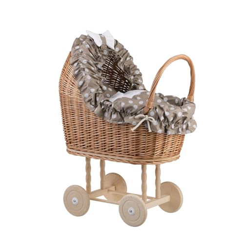 e-wicker24 Alles aus Weide Puppenwagen aus Weide mit Bettwäsche perfekte Geschenkidee Korbpuppenwagen schöner Spielzeug aus Korbgeflecht Korbwagen für Puppen Spielzeug für Mädchen (Beige) von e-wicker24 Alles aus Weide