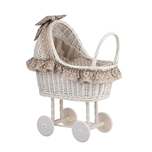 e-wicker24 Alles aus Weide Puppenwagen aus Weide mit Bettwäsche perfekte Geschenkidee Korbpuppenwagen schöner Spielzeug aus Korbgeflecht Korbwagen für Puppen Spielzeug für Mädchen (Beige) von e-wicker24 Alles aus Weide