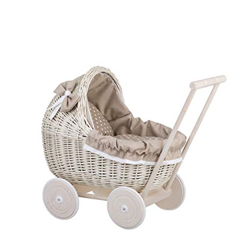 Puppenwagen aus Weide mit Bettwäsche perfekte Geschenkidee Korbpuppenwagen schöner Spielzeug aus Korbgeflecht Korbwagen für Puppen Spielzeug für Mädchen (Beige 1) von e-wicker24 Alles aus Weide