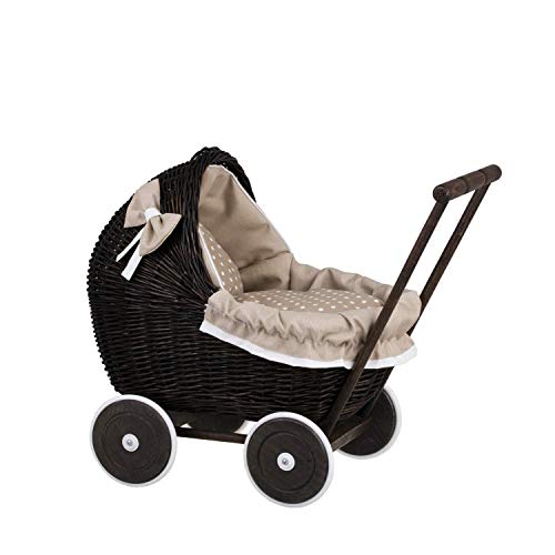 e-wicker24 Alles aus Weide Puppenwagen aus Weide mit Bettwäsche perfekte Geschenkidee Korbpuppenwagen schöner Spielzeug aus Korbgeflecht Korbwagen für Puppen Spielzeug für Mädchen (Beige) von e-wicker24 Alles aus Weide