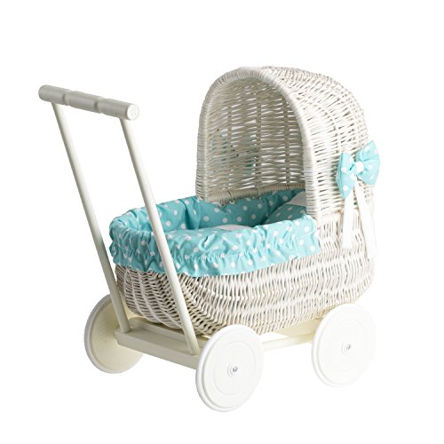 e-wicker24 Alles aus Weide Puppenwagen aus Weide mit Bettwäsche - perfekte Geschenkidee - Korbpuppenwagen, schöner Spielzeug aus Korbgeflecht (Creme, Mint) von e-wicker24 Alles aus Weide