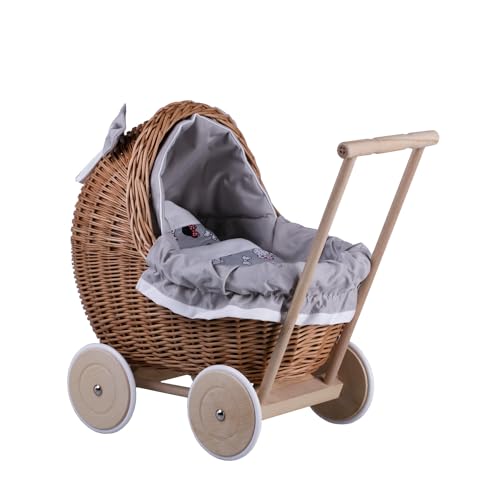 e-wicker24 Alles aus Weide Puppenwagen aus Weide mit Bettwäsche perfekte Geschenkidee Korbpuppenwagen schöner Spielzeug aus Korbgeflecht Korbwagen für Puppen Spielzeug für Mädchen (Grau1) von e-wicker24 Alles aus Weide
