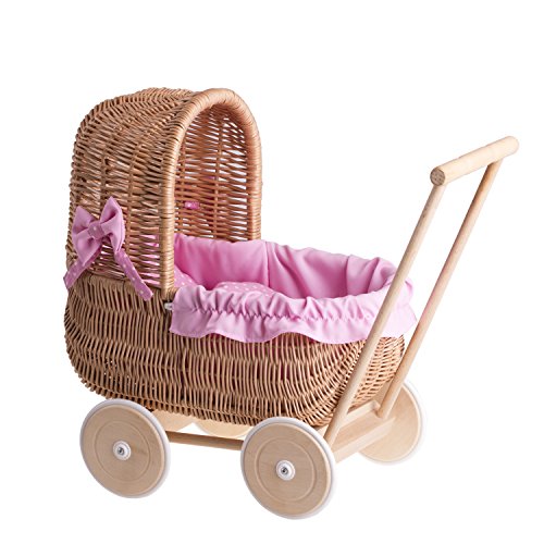 Puppenwagen aus Weide mit Bettwäsche - perfekte Geschenkidee - Korbpuppenwagen, schöner Spielzeug aus Korbgeflecht (Natur, Pink) von e-wicker24 Alles aus Weide