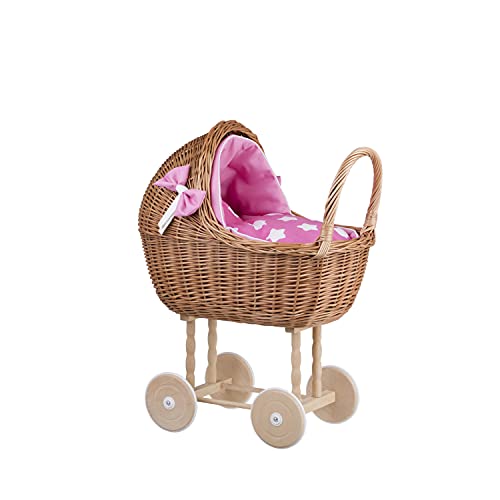 Puppenwagen aus Weide mit Bettwäsche perfekte Geschenkidee Korbpuppenwagen schöner Spielzeug aus Korbgeflecht Korbwagen für Puppen Spielzeug für Mädchen (Natur, Pink1) von e-wicker24 Alles aus Weide