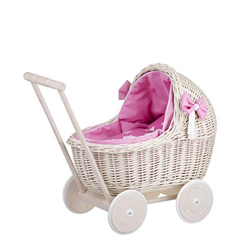 e-wicker24 Alles aus Weide Puppenwagen aus Weide mit Bettwäsche perfekte Geschenkidee Korbpuppenwagen schöner Spielzeug aus Korbgeflecht Korbwagen für Puppen Spielzeug für Mädchen (Pink) von e-wicker24 Alles aus Weide