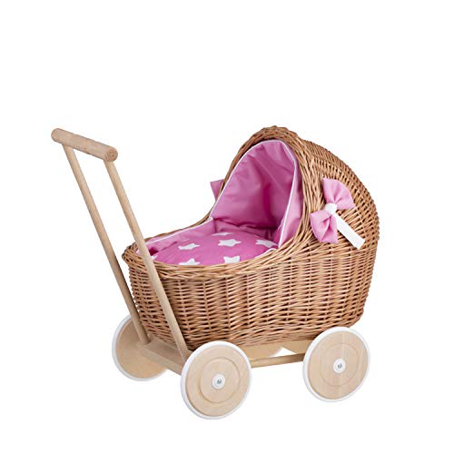 Puppenwagen aus Weide mit Bettwäsche perfekte Geschenkidee Korbpuppenwagen schöner Spielzeug aus Korbgeflecht Korbwagen für Puppen Spielzeug für Mädchen (Pink) von e-wicker24 Alles aus Weide