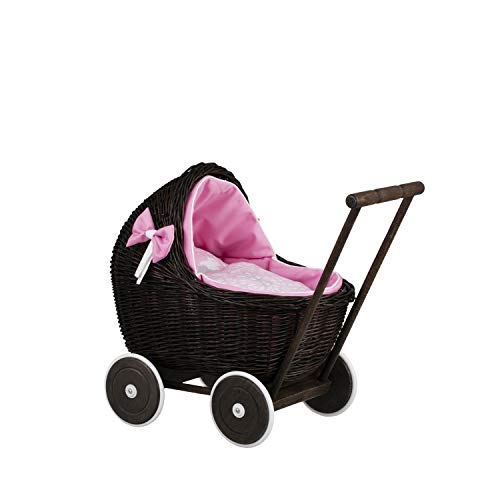 e-wicker24 Alles aus Weide Puppenwagen aus Weide mit Bettwäsche perfekte Geschenkidee Korbpuppenwagen schöner Spielzeug aus Korbgeflecht Korbwagen für Puppen Spielzeug für Mädchen (Pink 1) von e-wicker24 Alles aus Weide