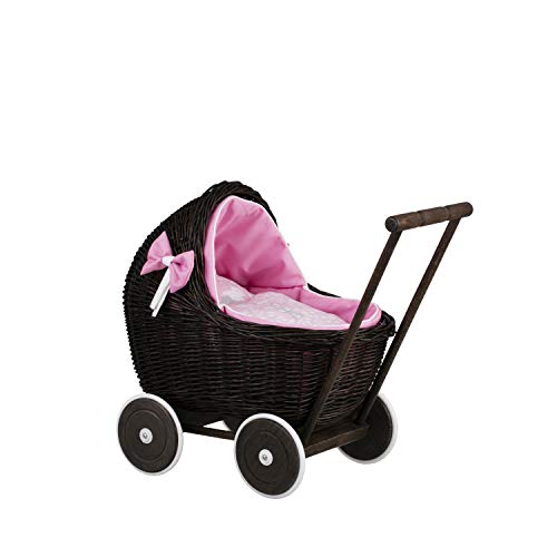 e-wicker24 Puppenwagen aus Weide mit Bettwäsche perfekte Geschenkidee Korbpuppenwagen schöner Spielzeug aus Korbgeflecht Korbwagen für Puppen Spielzeug für Mädchen (Pink 1) von e-wicker24 Alles aus Weide