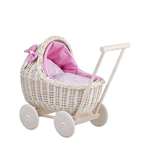 Puppenwagen aus Weide mit Bettwäsche - perfekte Geschenkidee - Korbpuppenwagen, schöner Spielzeug aus Korbgeflecht (Pink 1) von e-wicker24 Alles aus Weide