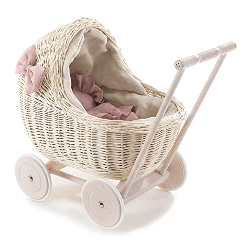 e-wicker24 Alles aus Weide DESAYER PUPPENWAGEN AUS WEIDE MIT LEINEN BETTWÄSCHE, Spielzeug AUS WEIDEN IN BEIGE, NATÜRLICHE KINDERSPIELZEUG, EIN Geschenk FUR EIN Kind (rosa) von e-wicker24 Alles aus Weide