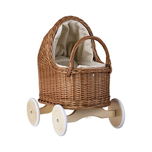 e-wicker24 Alles aus Weide Großer Puppenwagen aus Weide in Naturfarbe, Lauflernwagen (Beige) von e-wicker24 Alles aus Weide