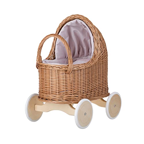 e-wicker24 Alles aus Weide Großer Puppenwagen aus Weide in Naturfarbe, Lauflernwagen (Pink) von e-wicker24 Alles aus Weide