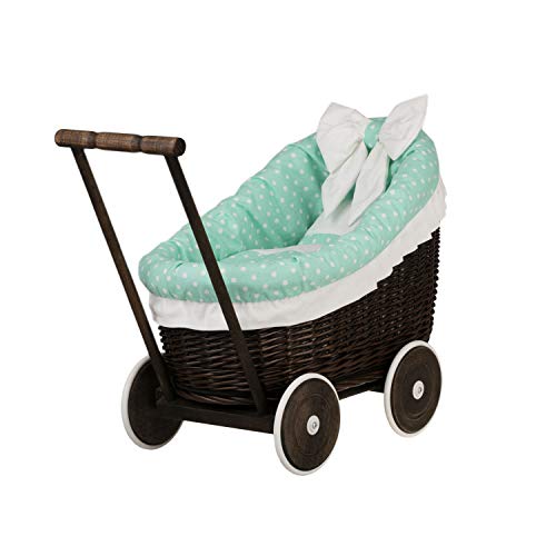 e-wicker24 Alles aus Weide Puppenwagen aus Weide mit Bettwäsche perfekte Geschenkidee Korbpuppenwagen schöner Spielzeug aus Korbgeflecht Korbwagen für Puppen Spielzeug für Mädchen (Dunkelbraun, Mint) von e-wicker24 Alles aus Weide