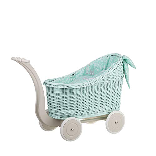 e-wicker24 Alles aus Weide Puppenwagen aus Weide mit Bettwäsche perfekte Geschenkidee Korbpuppenwagen schöner Spielzeug aus Korbgeflecht Korbwagen für Puppen Spielzeug für Mädchen (Mint) von e-wicker24 Alles aus Weide