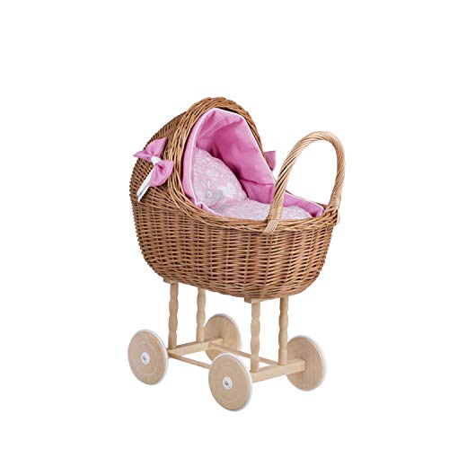 e-wicker24 Alles aus Weide Puppenwagen aus Weide mit Bettwäsche perfekte Geschenkidee Korbpuppenwagen schöner Spielzeug aus Korbgeflecht Korbwagen für Puppen Spielzeug für Mädchen (Natur, Pink) von e-wicker24 Alles aus Weide