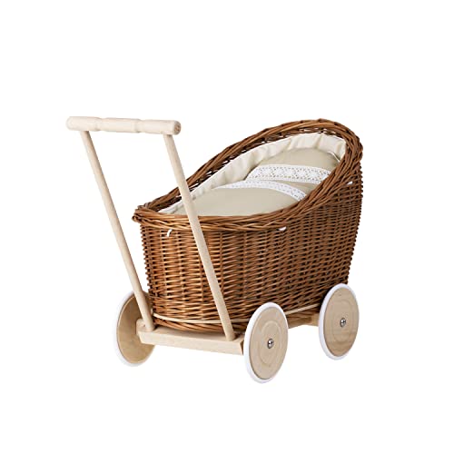 e-wicker24 Alles aus Weide Puppenwagen aus Weide mit Bettwäsche perfekte Geschenkidee Korbpuppenwagen schöner Spielzeug aus Korbgeflecht Korbwagen für Puppen Spielzeug für Mädchen (Beige) von e-wicker24 Alles aus Weide