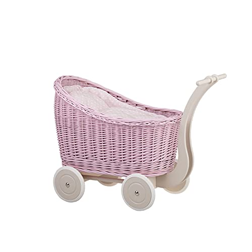 e-wicker24 Alles aus Weide Puppenwagen aus Weide mit Bettwäsche perfekte Geschenkidee Korbpuppenwagen schöner Spielzeug aus Korbgeflecht Korbwagen für Puppen Spielzeug für Mädchen (Pink 1) von e-wicker24 Alles aus Weide