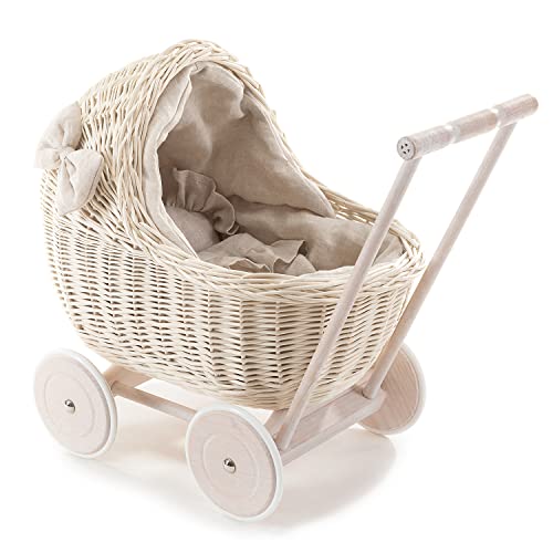 e-wicker24 DESAYER PUPPENWAGEN AUS WEIDE MIT LEINEN BETTWÄSCHE, Spielzeug AUS WEIDEN IN BEIGE, NATÜRLICHE KINDERSPIELZEUG, EIN Geschenk FUR EIN Kind Natur 48x28 H47 von e-wicker24