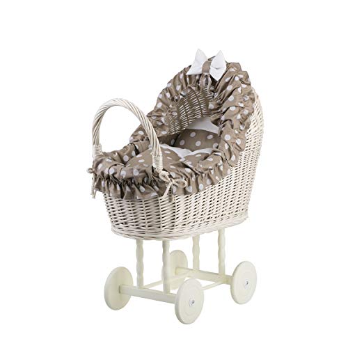 e-wicker24 Alles aus Weide Puppenwagen aus Weide mit Bettwäsche perfekte Geschenkidee Korbpuppenwagen schöner Spielzeug aus Korbgeflecht Korbwagen für Puppen Spielzeug für Mädchen (Beige) von e-wicker24 Alles aus Weide