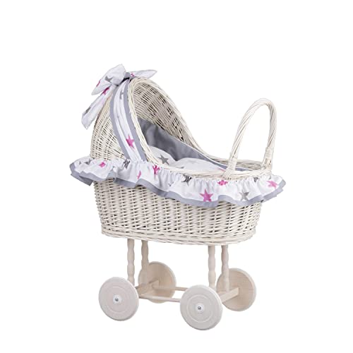 e-wicker24 Alles aus Weide Puppenwagen aus Weide mit Bettwäsche perfekte Geschenkidee Korbpuppenwagen schöner Spielzeug aus Korbgeflecht Korbwagen für Puppen Spielzeug für Mädchen (White) von e-wicker24 Alles aus Weide