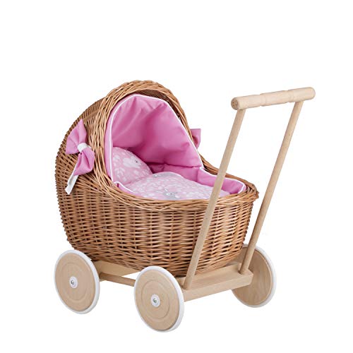 e-wicker24 Alles aus Weide Puppenwagen aus Weide mit Bettwäsche perfekte Geschenkidee Korbpuppenwagen schöner Spielzeug aus Korbgeflecht Korbwagen für Puppen Spielzeug für Mädchen (Pink 1) von e-wicker24 Alles aus Weide