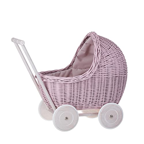 Puppenwagen aus Weide mit Bettwäsche perfekte Geschenkidee Korbpuppenwagen schöner Spielzeug aus Korbgeflecht Korbwagen für Puppen Spielzeug für Mädchen (Pink) von e-wicker24