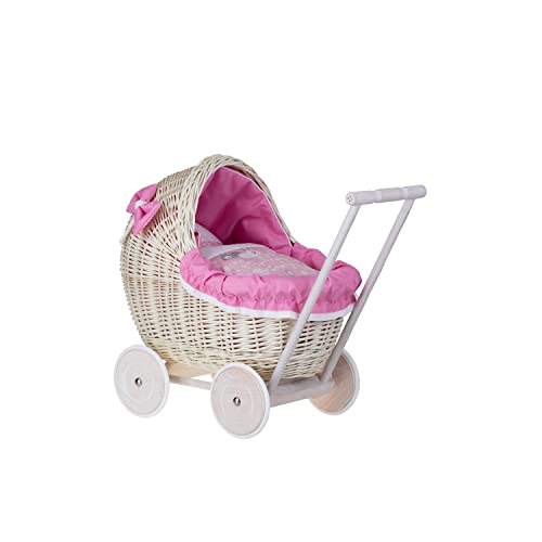 Puppenwagen aus Weide mit Bettwäsche perfekte Geschenkidee Korbpuppenwagen schöner Spielzeug aus Korbgeflecht Korbwagen für Puppen Spielzeug für Mädchen (Pink 2) von e-wicker24 Alles aus Weide